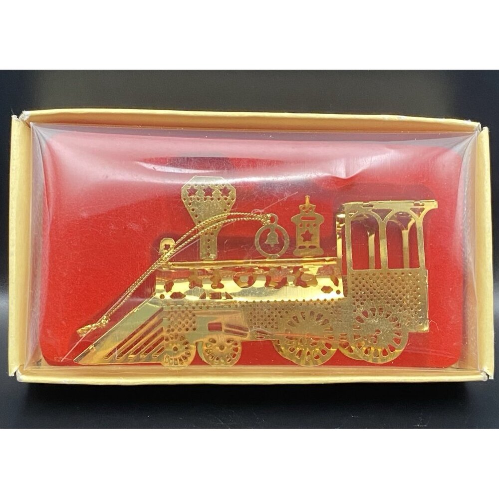 Russ Berrie 1986 Gold Tone Train Ornament Box Vintage Christmas Locomotive - Picture 2 of 7
